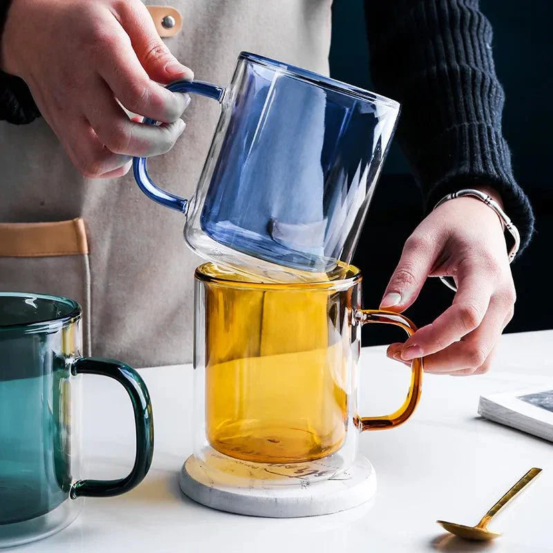 Colourful Double-Walled Glass Coffee Mugs